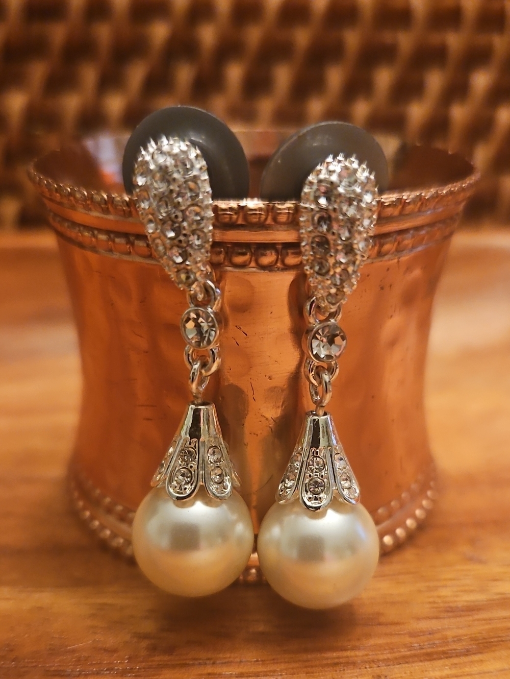 Monet Pearl Drop Rhinestone Pierced Earrings in Silver & White